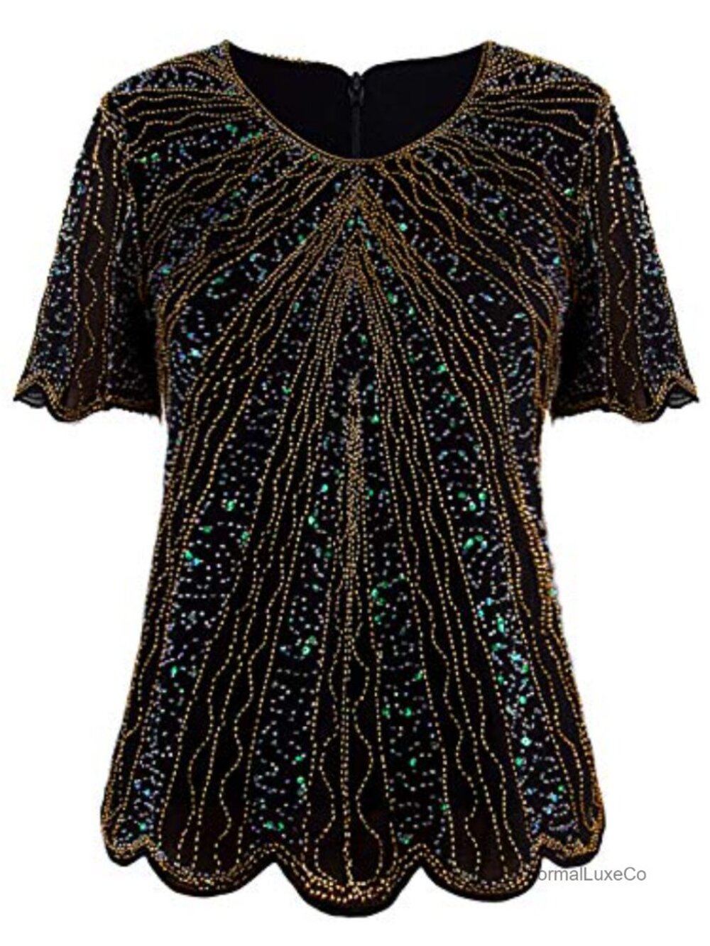 Vijiv Beaded Chiffon Evening Top Sequin Scalloped Hem Blouse